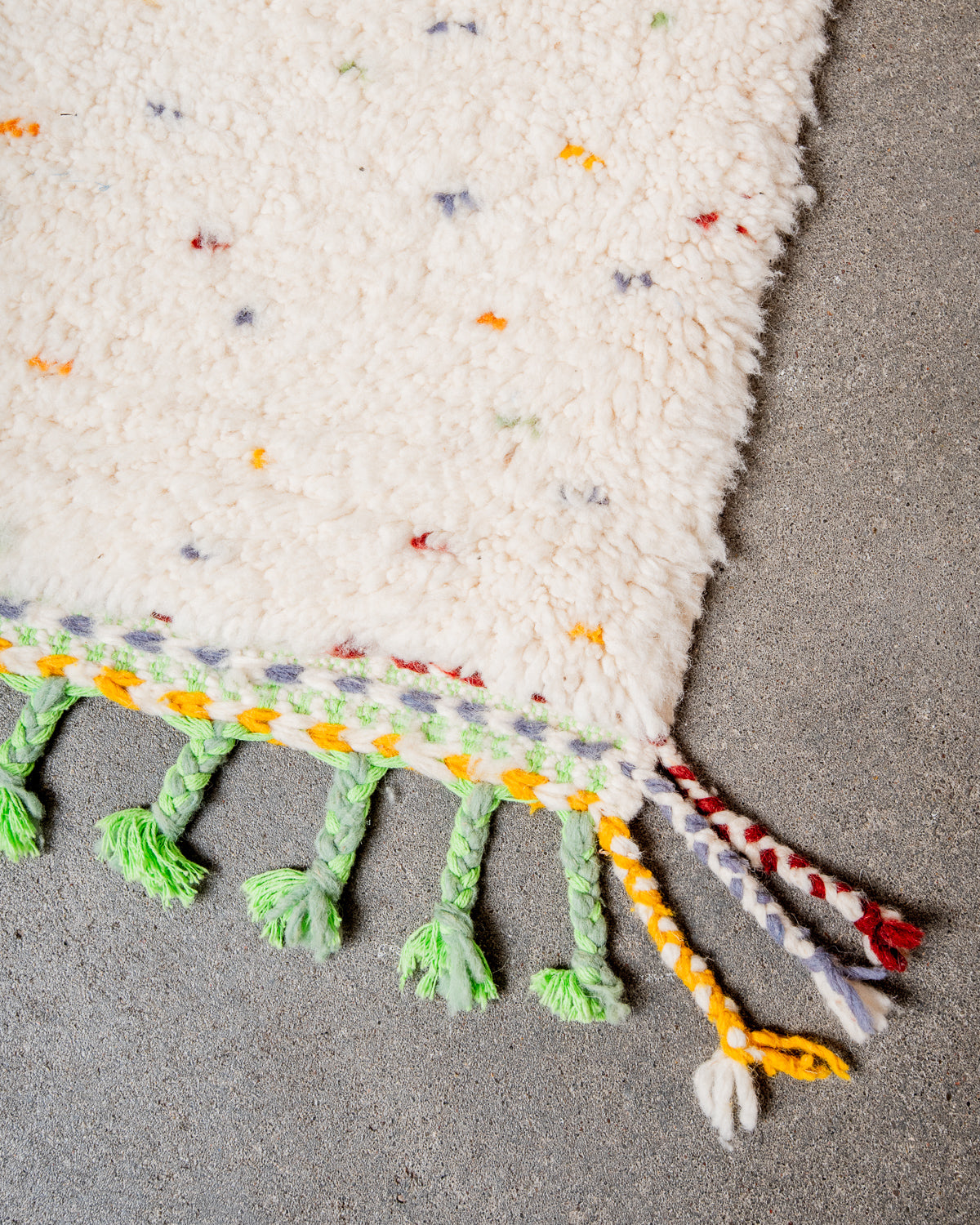 Modern, designer, handcrafted Berber rug from Morocco. Beniourain carpet with beautiful colours and patterns and fluffy wool texture.